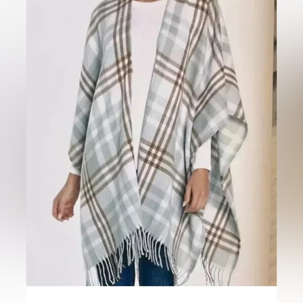 Three Dots Cashmere Blend Wrap Fringed Louisa Plaid Gray Tan White One-Size NWT